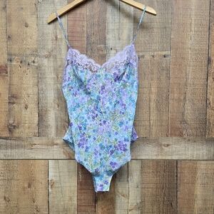 Victoria Secret Bodysuit Teddy Floral Lingerie Lace Trim Purple Blue Size Medium